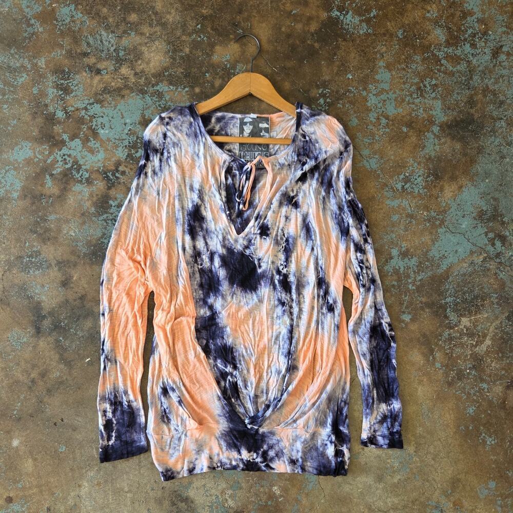 Young Fabulous & Broke Tie Dye Top Size M Tie Neck Long Sleeve Blue Pink
